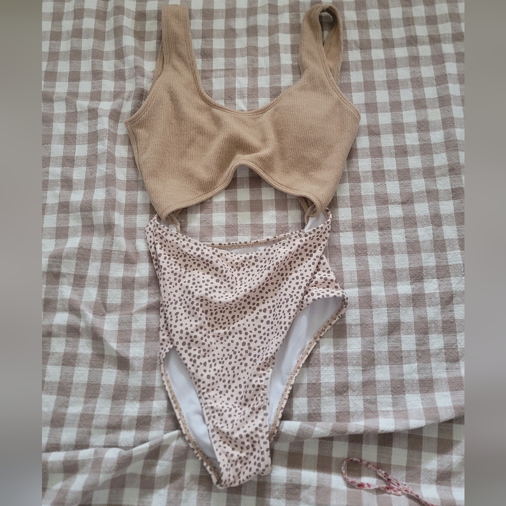 Stylish Tan and White Polka Dot One Piece Swimsuit